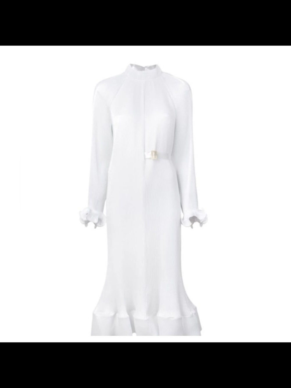 Tibi White Long-Sleeve High-Neck Pleated Plisse Ruffle-Hem Dress